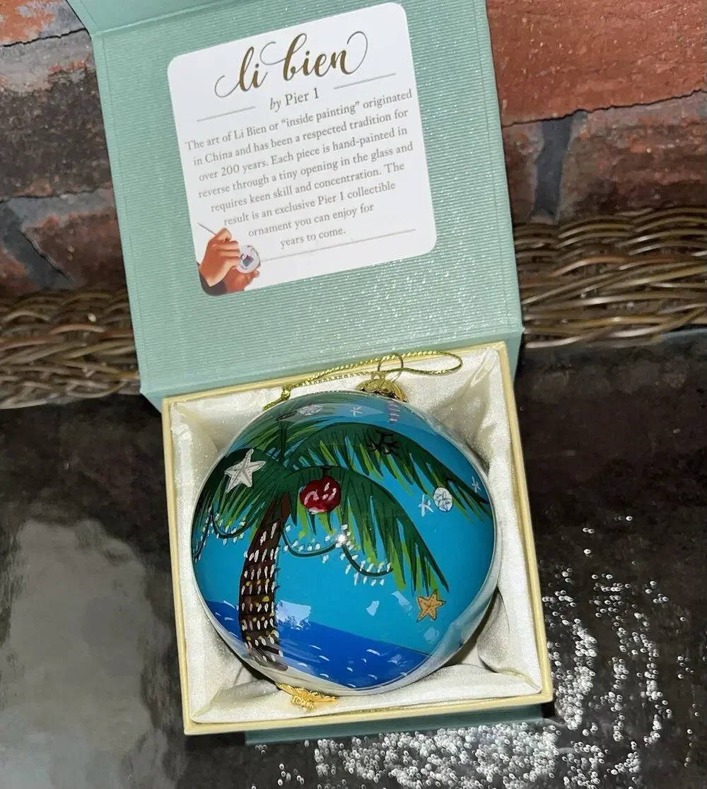 Pier 1 Li Bien 2019 Palm Tree Glass Coastal Christmas Ornament Hand Painted
